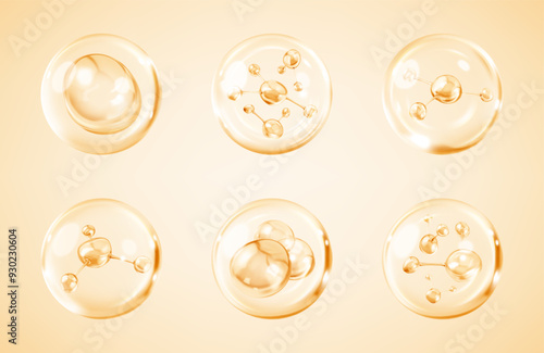 Molecules inside bubbles on yellow background. Collagen serum bubble. Cosmetic essence. Concept skin care cosmetics solution. Vector 3d illustration
