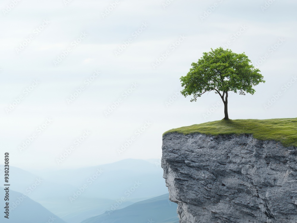 Lone tree growing on the edge of a cliff representing resilience and ...