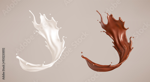 Milk and chocolate splash. Milkshake and melted brown choco. Realistic vector illustration
