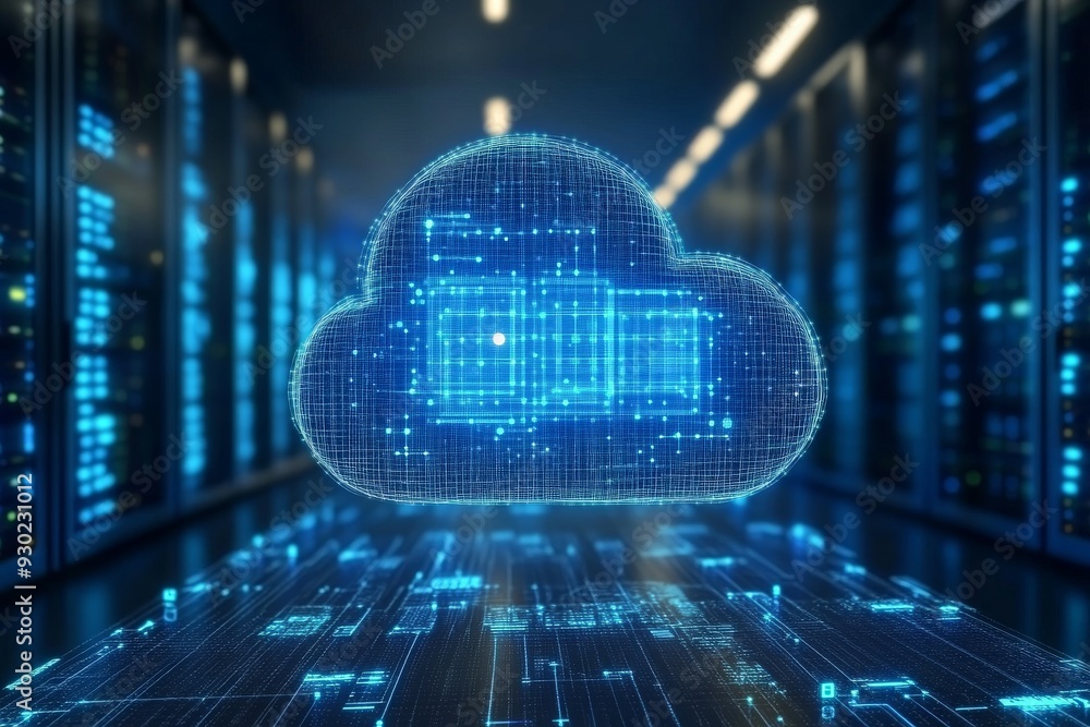 High-tech server room with glowing blue lights and cloud computing icons