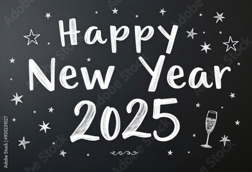 text 'Happy New Year 2025' in a chalkboard style with hand-drawn elements like stars and champagne glasses, giving a cozy feel, ai