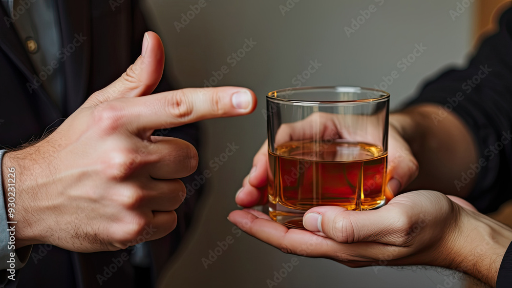 Closeup of a Hand Reaching Out to Offer a Glass of Brown Liquor, with Another Hand Pointing a Finger Toward the Drink in a Moment of Social Interaction Closeup of a Hand Reaching Out to Offer a Glass of Brown Liquor, with Another Hand Pointing a Finger Toward the Drink in a Moment of Social Interaction