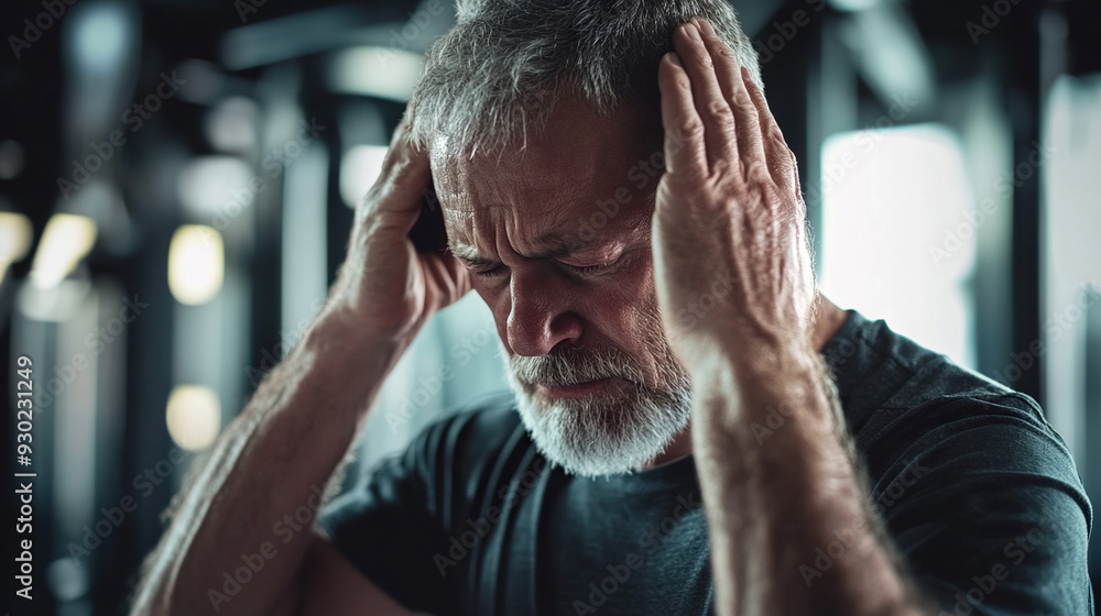 Senior man with headache in the gym Senior man with headache in the gym