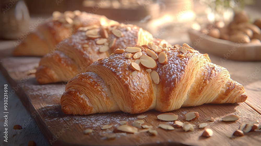 Freshly baked croissants, golden brown pastry, flaky texture, buttery sheen, scattered almond slices, rustic wooden table, soft morning light, steam rising. Freshly baked croissants, golden brown pastry, flaky texture, buttery sheen, scattered almond slices, rustic wooden table, soft morning light, steam rising.