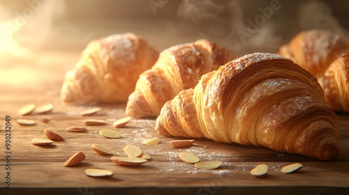 Freshly baked croissants, golden brown pastry, flaky texture, buttery sheen, scattered almond slices, rustic wooden table, soft morning light, steam rising. photo