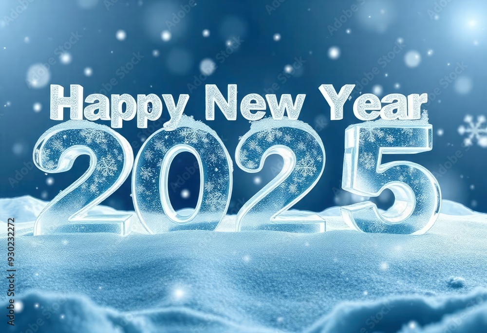 text 'Happy New Year 2025' in block letters made of ice, with snowflakes gently falling around it in a winter scene, ai text 'Happy New Year 2025' in block letters made of ice, with snowflakes gently falling around it in a winter scene, ai