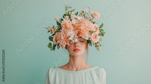 Woman with floral headpiece against a mint green backdrop, blending natural elegance and modern minimalism in serene portrait.