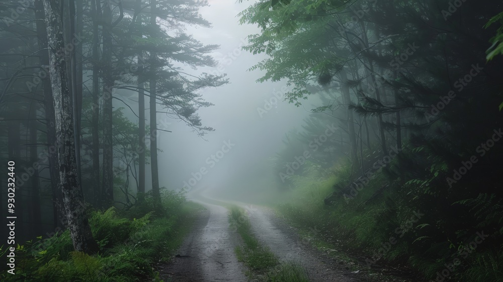 Foggy forest road with mist swirling among the trees and a mysterious feeling. Foggy forest road with mist swirling among the trees and a mysterious feeling.