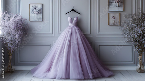 A soft lilac ball gown on a slim, matte black hanger.