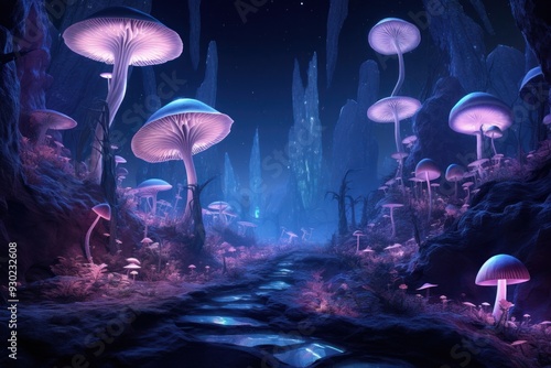 Neon mushroom mountains outdoors nature forest.