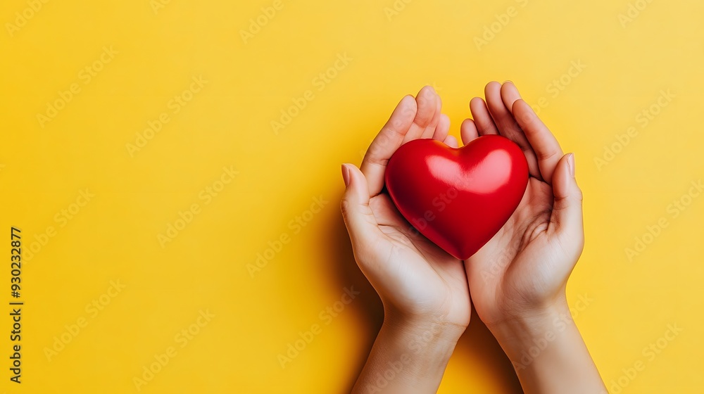 Hands holding red heart, cupped palms, care concept, love symbol, pale yellow background, copy space for text, soft lighting, high resolution, emotional gesture, health and charity theme. Hands holding red heart, cupped palms, care concept, love symbol, pale yellow background, copy space for text, soft lighting, high resolution, emotional gesture, health and charity theme.