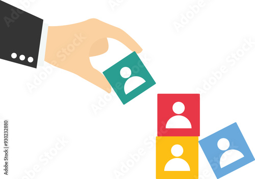 Businessman hand chooses a employees out of row of cubes. Attracting new customers or followers. Flat vector illustration


