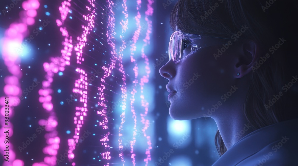 Digital illustration of a researcher analyzing complex data from integrated biotech and computer systems, focus on detailed gene sequences displayed Digital illustration of a researcher analyzing complex data from integrated biotech and computer systems, focus on detailed gene sequences displayed
