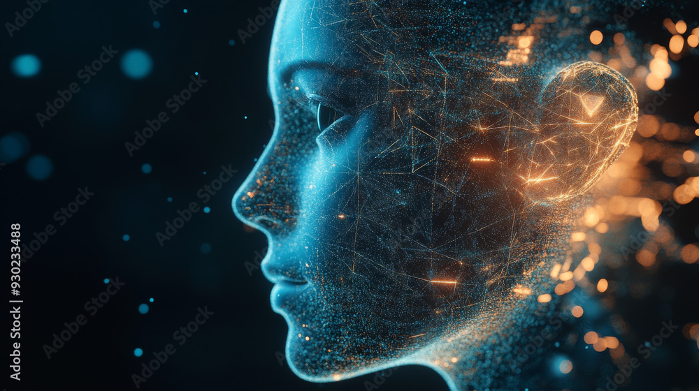 Artificial intelligence in a humanoid head with a neural network, processing and analyzing big data. Features a digital brain learning and thinking. Represents a cyber mind with a technology backgroun Artificial intelligence in a humanoid head with a neural network, processing and analyzing big data. Features a digital brain learning and thinking. Represents a cyber mind with a technology backgroun