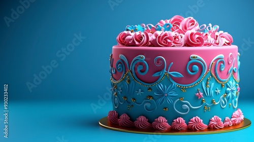 A beautifully decorated pink and blue cake with intricate floral designs and frosting rosettes. photo