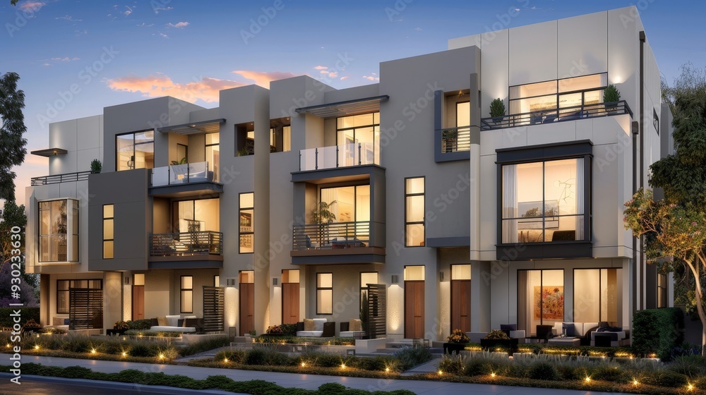 Obraz premium Generate an image of an urban townhouse exterior with a sleek facade, rooftop garden, and modern design elements, highlighting city living at its best.