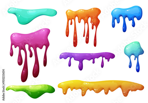 Colorful dripping slime in cartoon. Mucus splashes and liquid drop. Toxic splash, sticky slimy element. Vector illustration isolated on white background