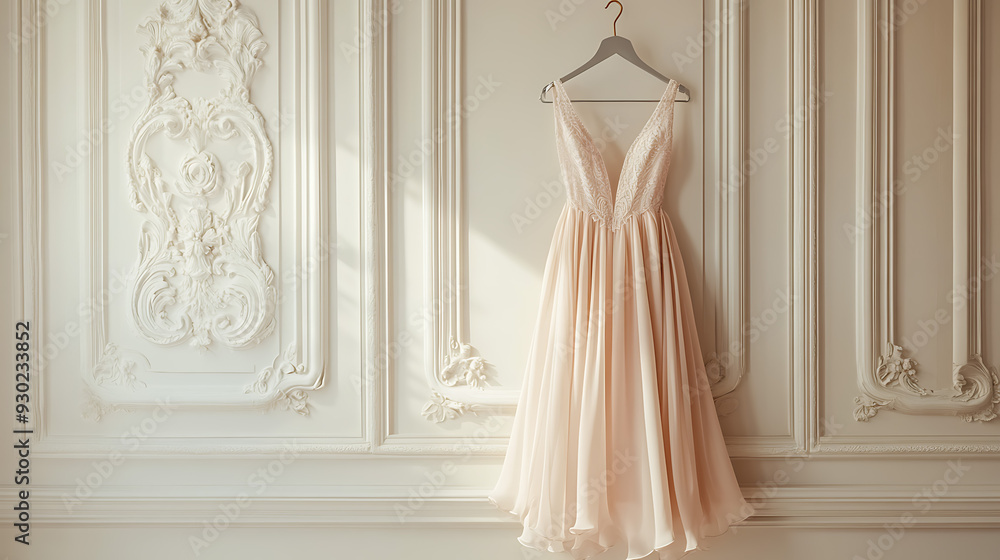 A soft powder pink and a coral pink long flowy dress hanging from a sleek, silver hanger A soft powder pink and a coral pink long flowy dress hanging from a sleek, silver hanger