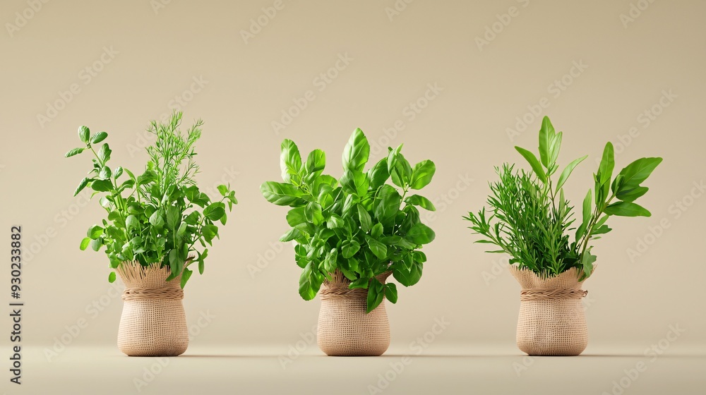 Fototapeta premium Potted fresh herbs in burlap planters