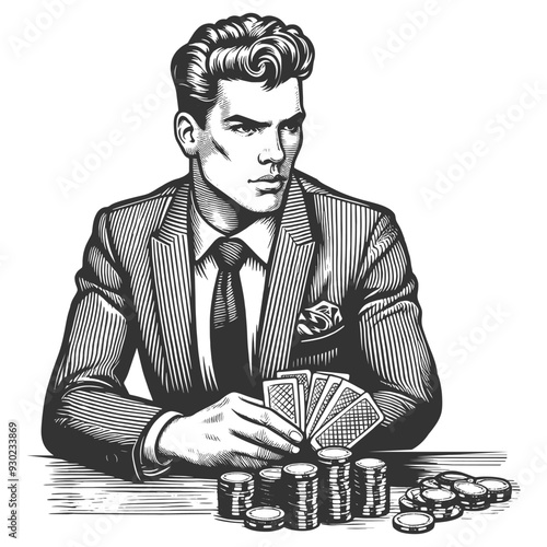 confident man in a suit playing poker, holding cards with stacked chips in front sketch engraving generative ai fictional character vector illustration. Scratch board imitation. Black and white image.
