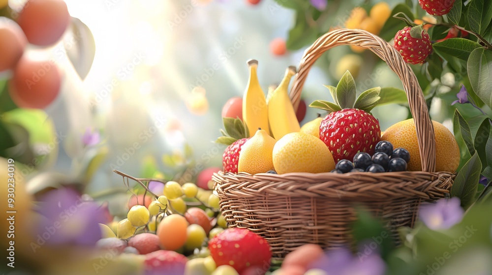 Wicker basket of fresh mixed fruits in sunny garden Wicker basket of fresh mixed fruits in sunny garden