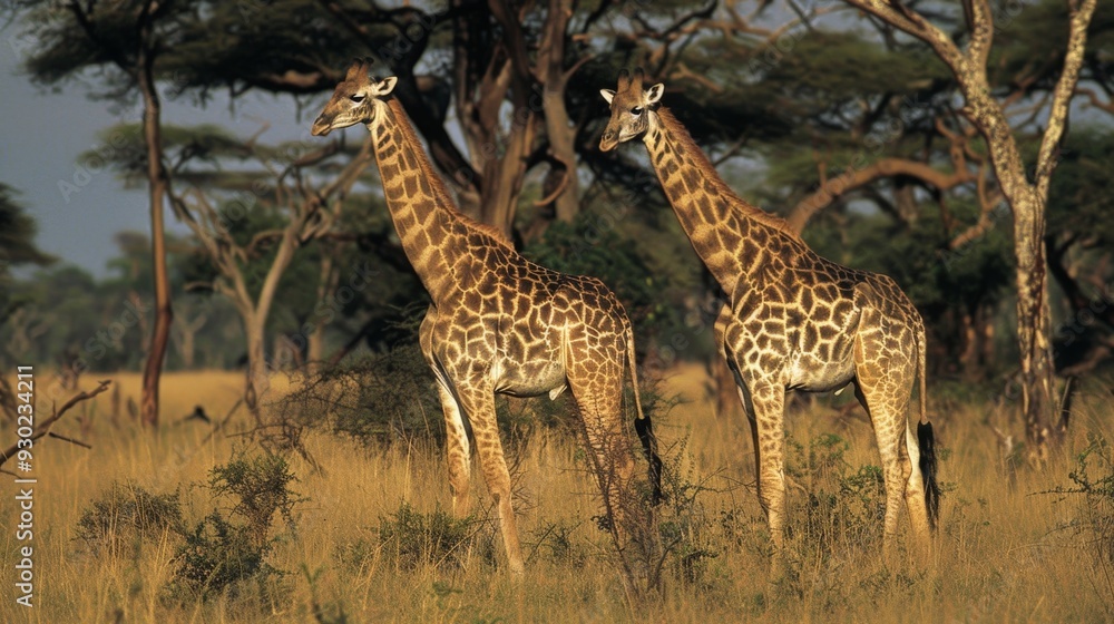 Obraz premium Giraffes tower over savannas, with long necks adapted for reaching leaves high in trees.
