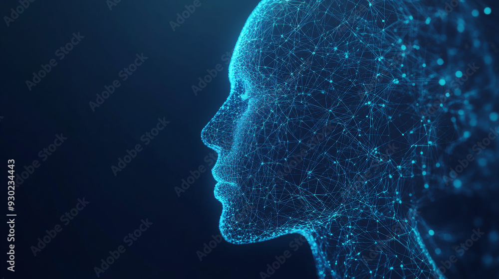 Artificial intelligence in a humanoid head with a neural network, processing and analyzing big data. Features a digital brain learning and thinking. Represents a cyber mind with a technology backgroun Artificial intelligence in a humanoid head with a neural network, processing and analyzing big data. Features a digital brain learning and thinking. Represents a cyber mind with a technology backgroun