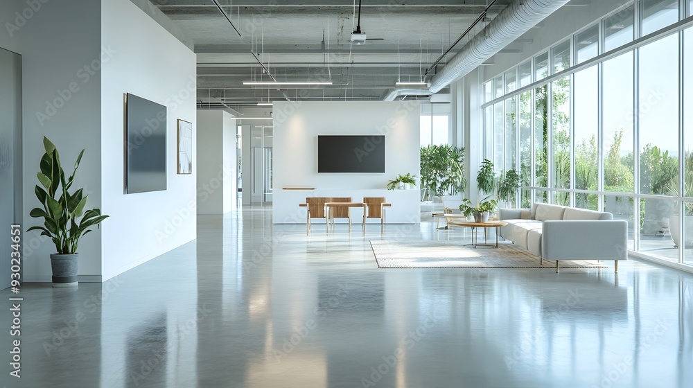 Modern bright office interior, open floor plan, glass partition walls, polished concrete floors, minimalist furniture, large windows, natural light flooding in, sleek TV on white wall. Modern bright office interior, open floor plan, glass partition walls, polished concrete floors, minimalist furniture, large windows, natural light flooding in, sleek TV on white wall.