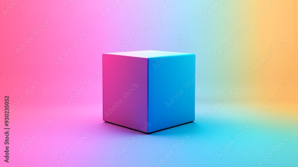 A cube is sitting on a colorful background A cube is sitting on a colorful background