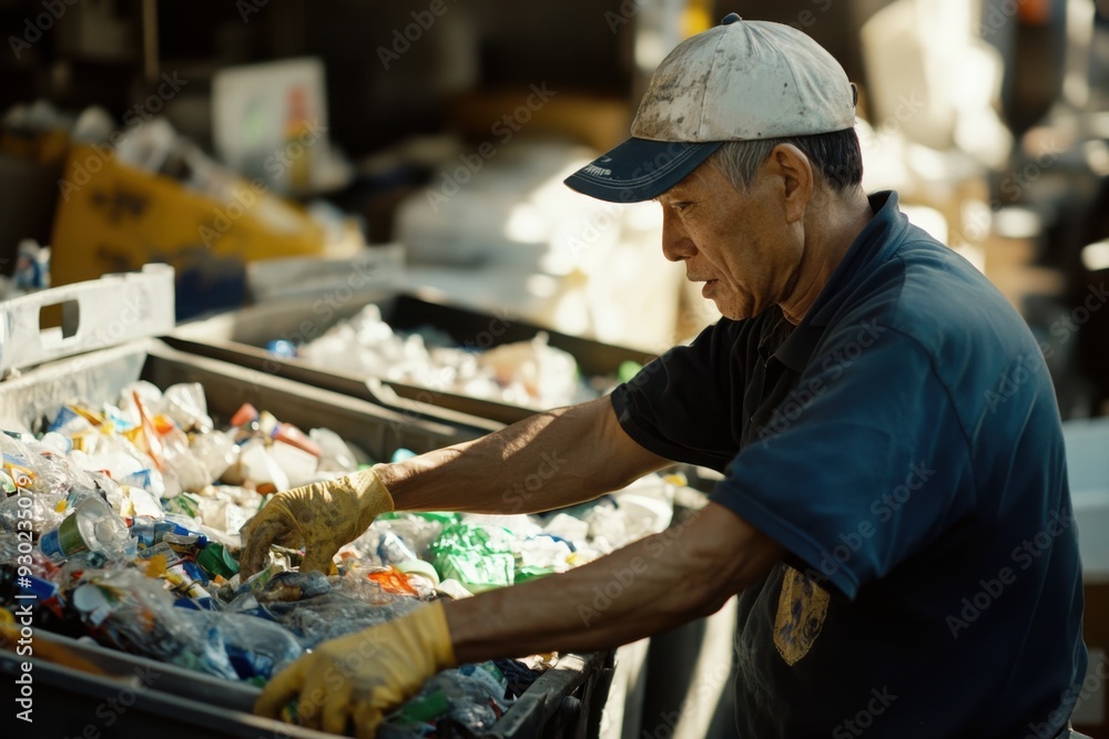 Worker sorting recyclable materials in facility Worker sorting recyclable materials in facility