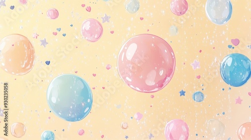 Colorful bubbles floating against a soft pastel background, creating a whimsical atmosphere.