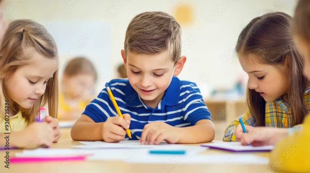 Young children, boy and girls engaged in drawing activity in modern light classroom, Focused and joyful kids drawing, learning through visual tasks. Young children, boy and girls engaged in drawing activity in modern light classroom, Focused and joyful kids drawing, learning through visual tasks.