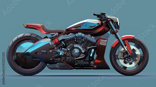 Futuristic motorcycle with black, red, and blue design.