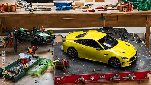 Yellow Sports Car Model on a Workbench with Tools and Other Models