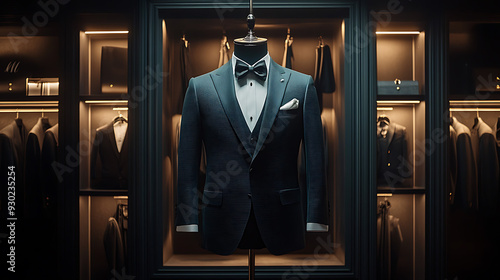 A complete midnight black-colored wedding suit, including a tailored jacket.