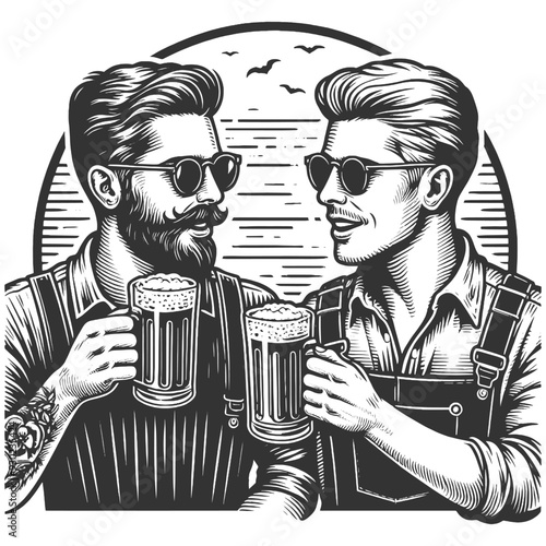 two hipster friends in sunglasses toasting with beers, enjoying a seaside view sketch engraving generative ai fictional character vector illustration. Scratch board imitation. Black and white image.