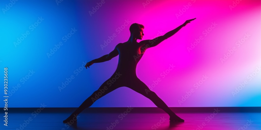 A man is doing a yoga pose in front of a purple background. The pose is a downward dog, and the man is in a black outfit. The image has a calm and serene mood, with the man's pose