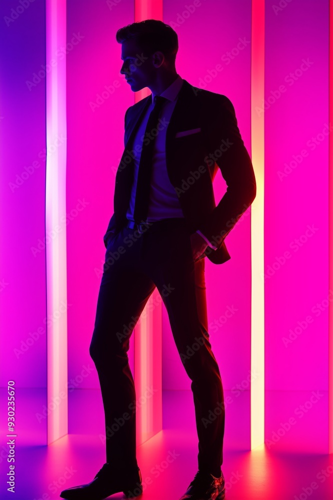 A man in a suit and tie stands in front of a wall of neon lights. Concept of sophistication and elegance, as the man is dressed in a business suit and tie A man in a suit and tie stands in front of a wall of neon lights. Concept of sophistication and elegance, as the man is dressed in a business suit and tie