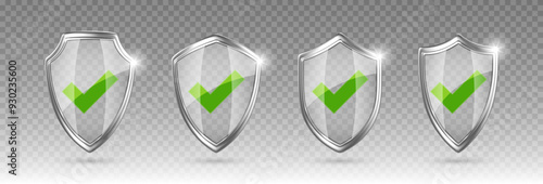 Transparent shiny shields with green check mark symbol. Sign of protection, approval and security. Vector illustration