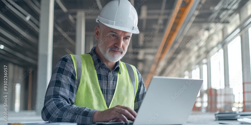 A man wearing a yellow vest and a hard hat is typing on a laptop. He is likely working in a construction site or a similar environment A man wearing a yellow vest and a hard hat is typing on a laptop. He is likely working in a construction site or a similar environment