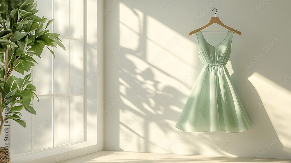 A mint green dress floating elegantly on a clear acrylic hanger. A mint green dress floating elegantly on a clear acrylic hanger.