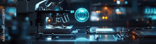 Wallpaper Mural Science equipment, floating holograms, advanced microscopy tools, dark and moody background, sharp and clear visuals Torontodigital.ca