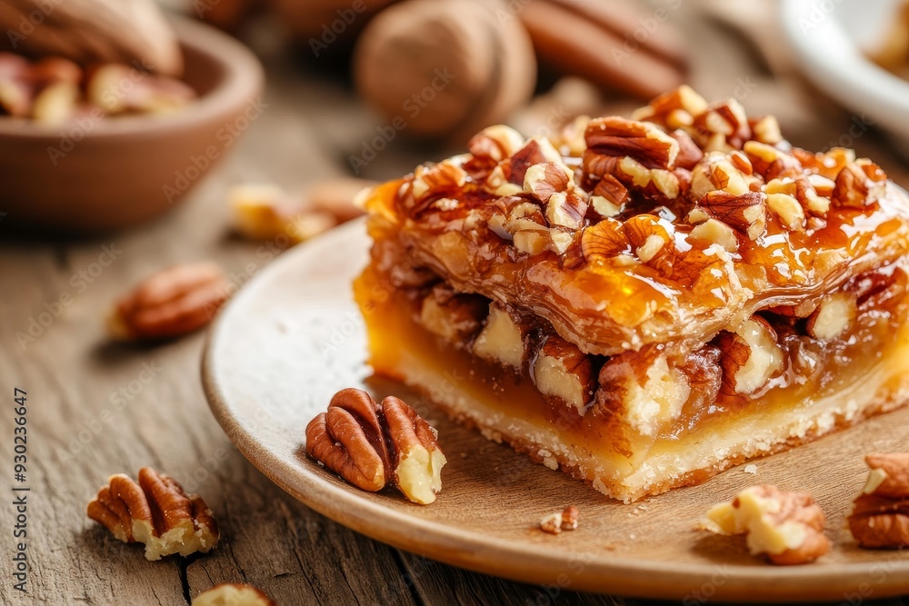 Pecan dessert squares with caramel topping on a wooden table with scattered nuts Pecan dessert squares with caramel topping on a wooden table with scattered nuts