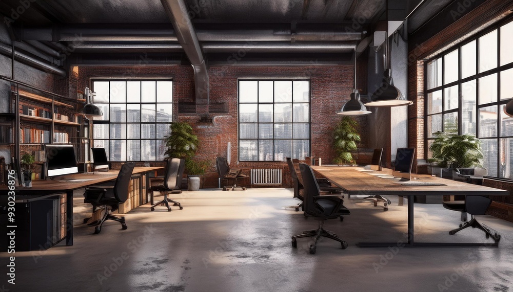 Urban Fusion: 3D Render of a Contemporary Loft Office with Industrial Flair Urban Fusion: 3D Render of a Contemporary Loft Office with Industrial Flair