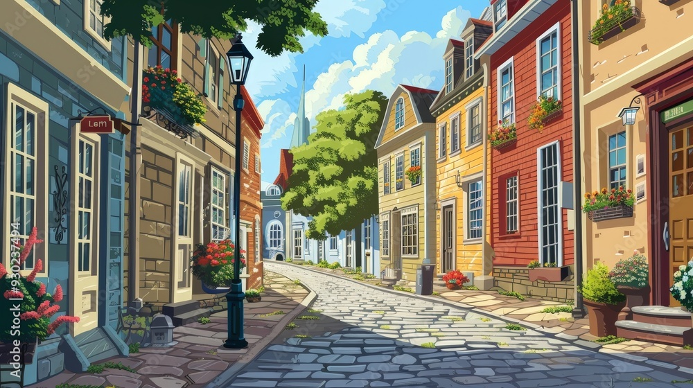 Fototapeta premium Illustrate a cobblestone road in an old town, with historic buildings and narrow pathways, capturing the charm of a bygone era.