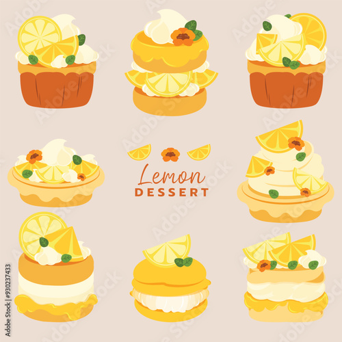 Dessert made from lemons, flat and colorful illustration.