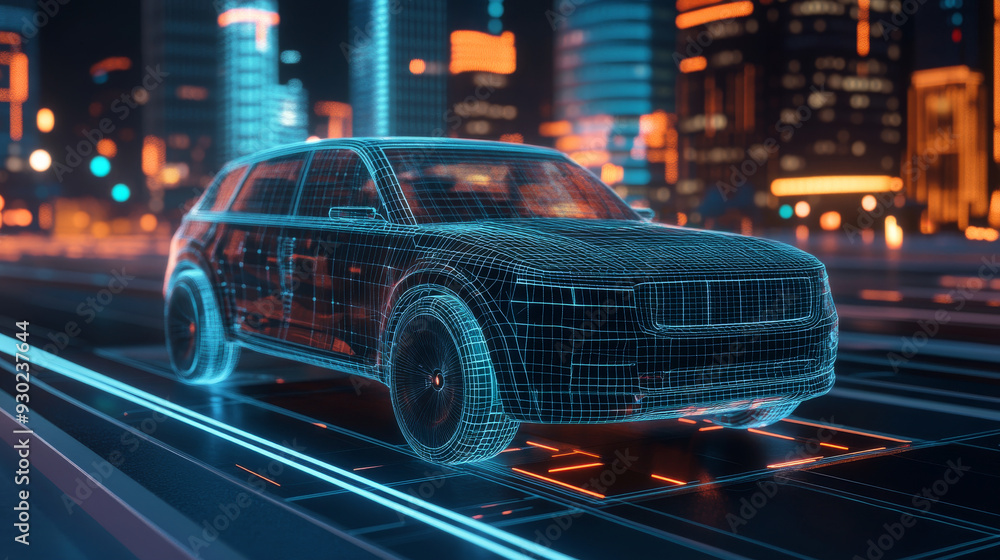 Augmented reality of a wireframe car concept on the road with a futuristic city in the background. Features an SUV in a front-side view. Professional 3D rendering of a custom-designed, generic. Augmented reality of a wireframe car concept on the road with a futuristic city in the background. Features an SUV in a front-side view. Professional 3D rendering of a custom-designed, generic.