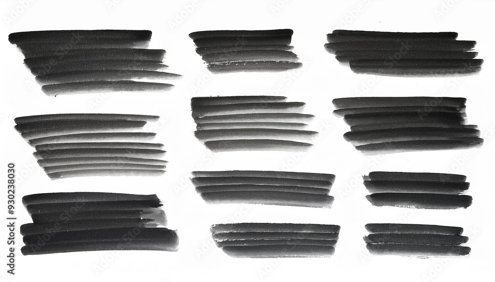 Hand drawn black highlighter strokes. Freehand black watercolor strokes with grunge on white. Hand drawn black highlighter strokes. Freehand black watercolor strokes with grunge on white.