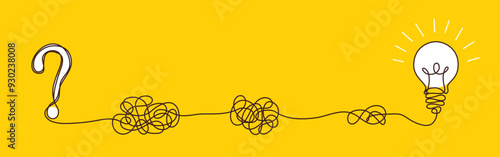 Light bulbs with confused concept of chaos. Complex way from start to idea. Tangle clarity or path in hand drawn style. Vector illustration