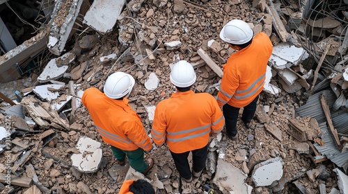 Rescue workers assess damage at a construction site after a collapse, wearing safety gear and helmets amidst debris.